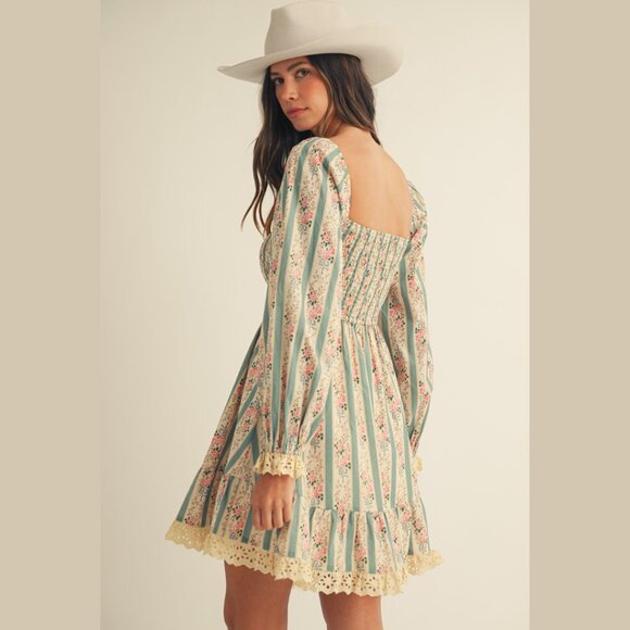 LOVLOV Vintage Floral Maxi Dress Western Cottagecore Lace Trim Smocked Bodice - Picture 14 of 16